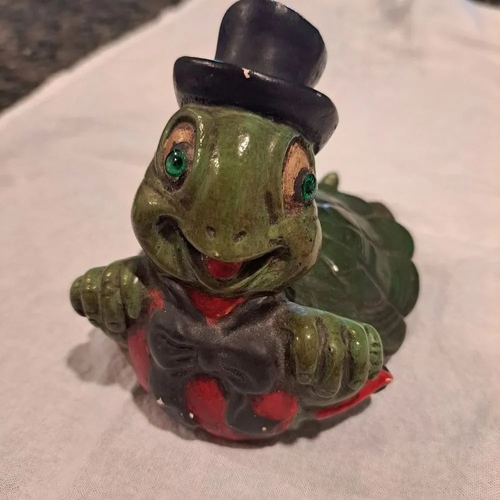 Vintage ceramic art turtle statue figurine with top hat and bow tie cottagecore